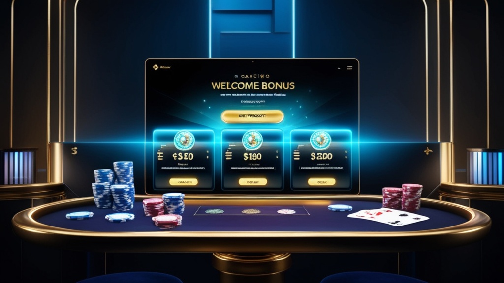 Schermata con bonus di benvenuto e primo deposito in atmosfera da casinò