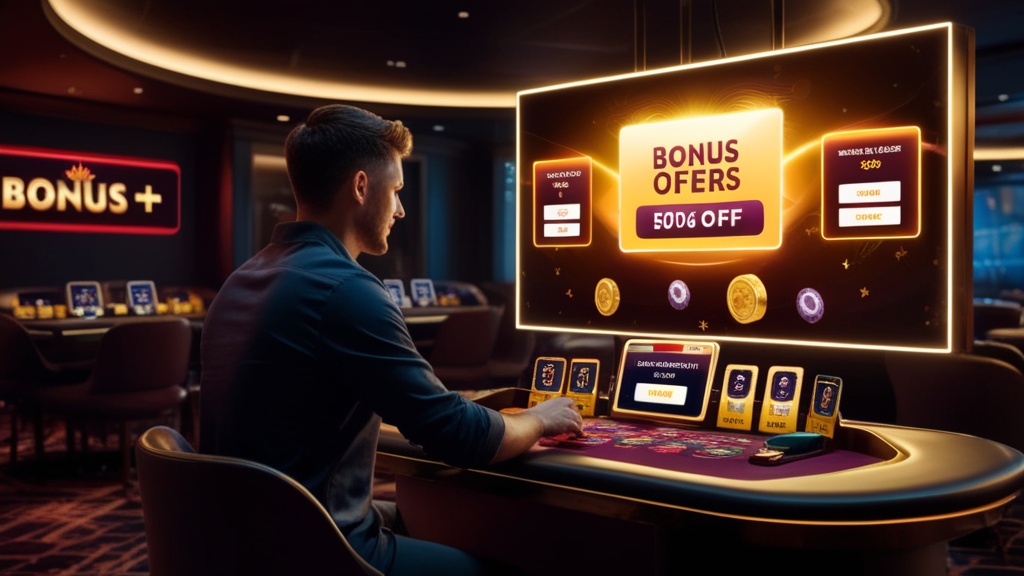 Nuovo giocatore davanti a offerte bonus in un casinò scuro e luminoso